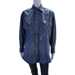 Riley Womens Denim Collared Long Sleeve Button Up Blouse Top Blue Size XS